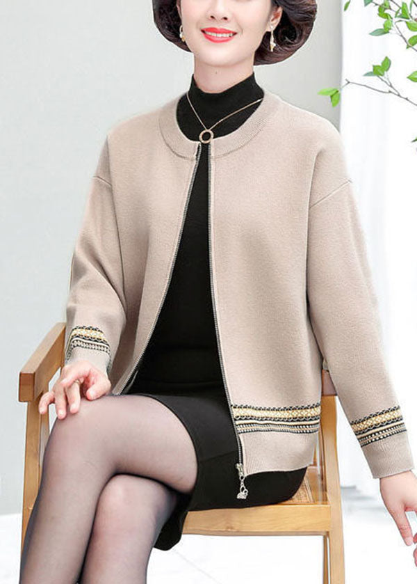 Apricot Patchwork Woolen Jackets O-neck Embroideried Long Sleeve