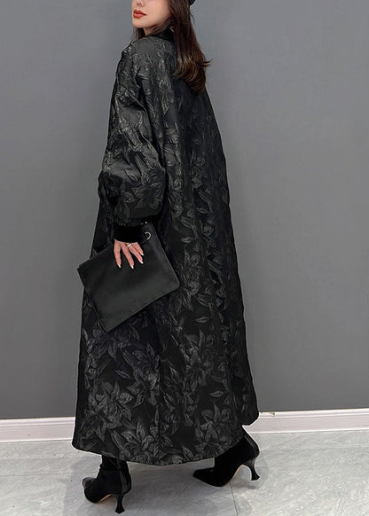 Black Oriental Button Jacquard Spandex Coats Fall