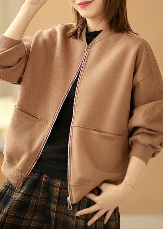 Khaki Zippered Pockets Fall Coats Long Sleeve