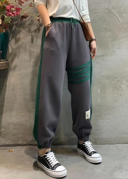 Boutique Black Elastic Waist Tie Waist Pockets Patchwork Beam Pants Spring