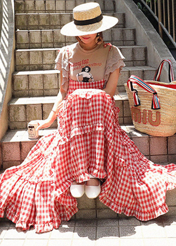 Stylish Red Plaid Slash Neck Button Layered Dresses Sleeveless