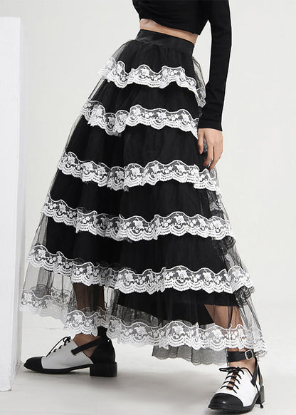 Black Ruffled Patchwork Tulle Skirt Spring
