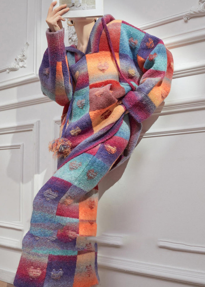 Rainbow Hole Hooded Sweaters and Maxi Skirts Knitted Cotton Thread Two Pieces Set Winter