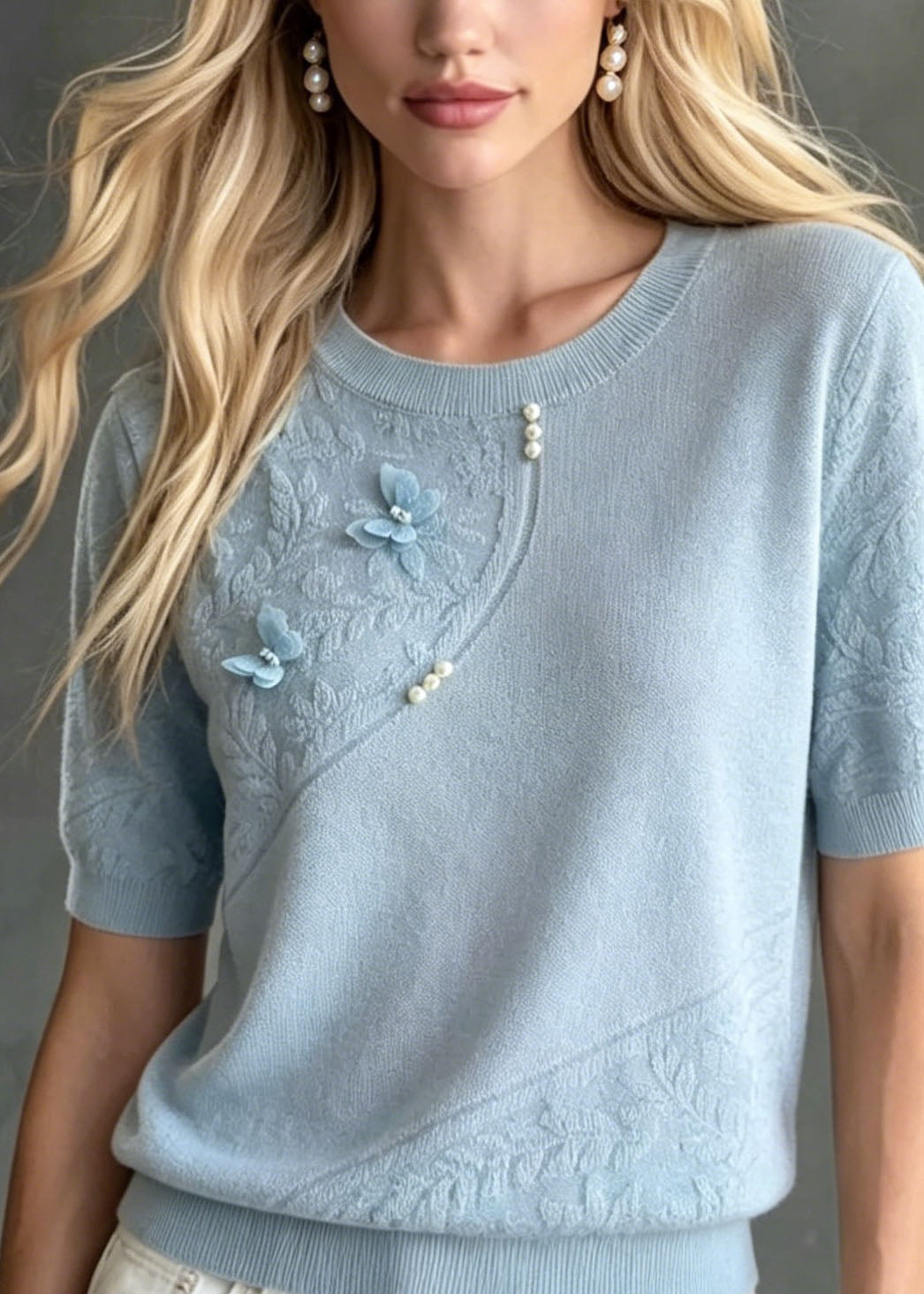 Unique Blue Jacquard O Neck Butterfly Thin Knit Top Summer