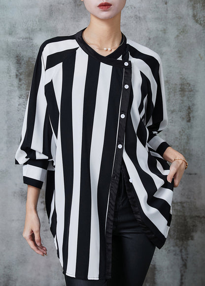Unique Black Asymmetrical Striped Chiffon Shirt Spring