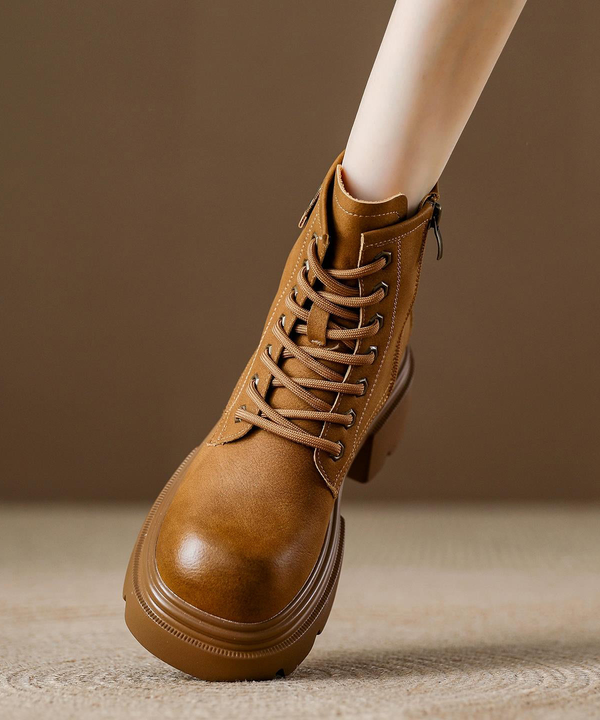 Brown Platform Cowhide Leather Splicing Boots Lace Up