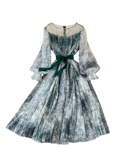 Green O-neck Slim Tulle Long Dress Puff Sleeve