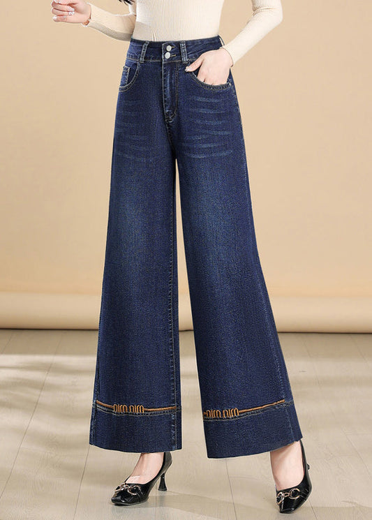 Silm Fit Navy Embroidered Denim Wide Leg Pants Summer