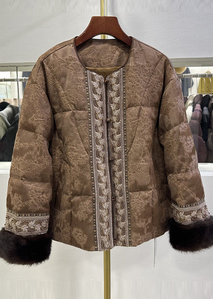 Brown Embroidered Jacquard Duck Down Jackets Winter