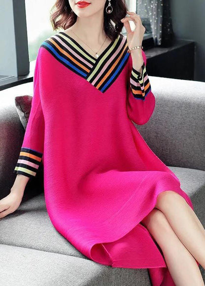 Rose V Neck Patchwork Cotton Holiday Dress Long Sleeve