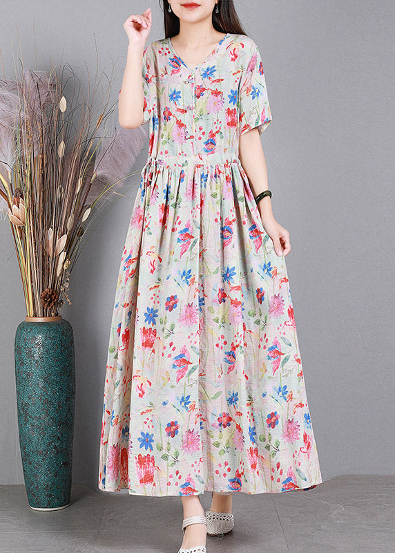 Colour V Neck Print Wrinkled Linen Dress Short Sleeve