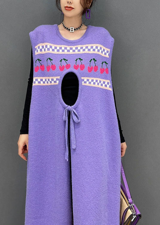 Purple Print Side Open Cashmere Knit Long Dresses Sleeveless