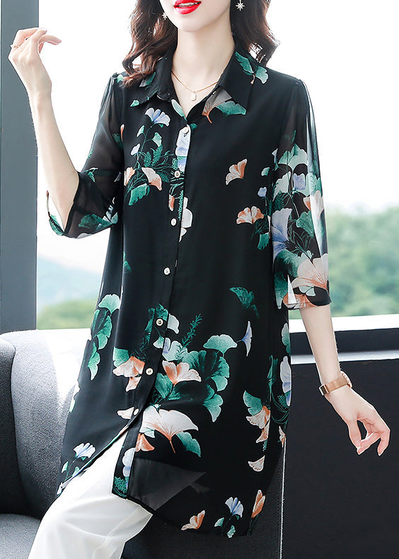 Black Button Peter Pan Collar Print Long Chiffon Shirt Tops Half Sleeve