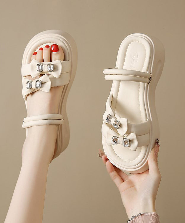 Bow Zircon Splicing Platform Black Faux Leather Slide Sandals