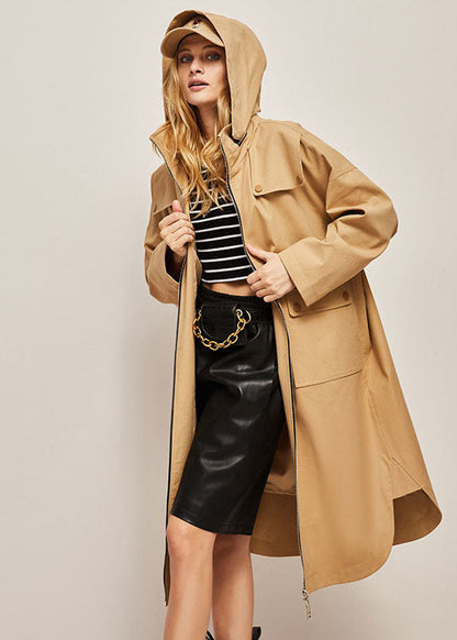 Khaki Hooded Zippered Cotton Cocoon Coats Spring
