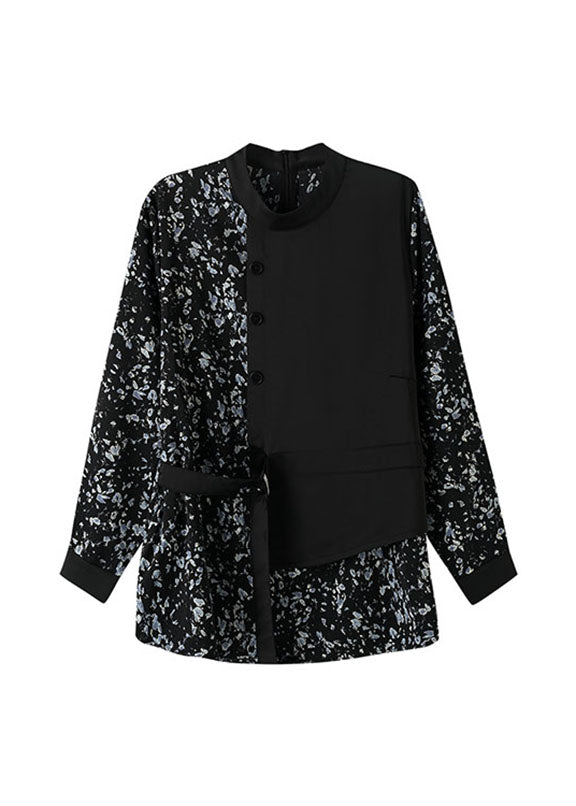 Italian Black O-neck Print Patchwork Fake Two Pieces Shirt Fall