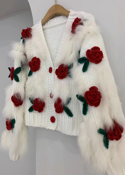 Pink V Neck Button Patchwork Knit Cardigan Winter