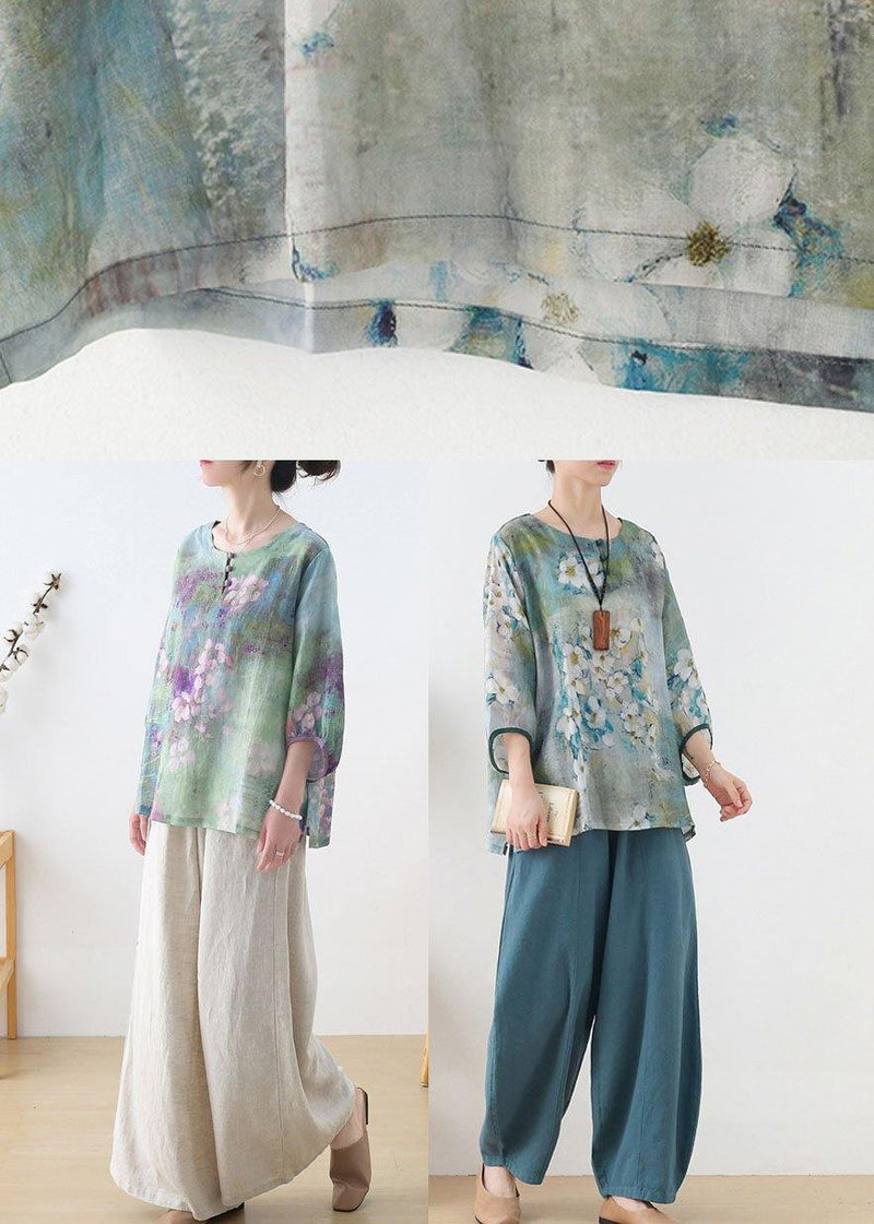 Blue Retro O-neck Fall Blouses Three Quarter Sleeve