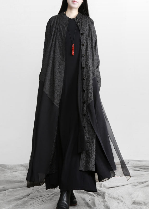 Black Stand Collar Button Patchwork Cotton Loose Coat Fall