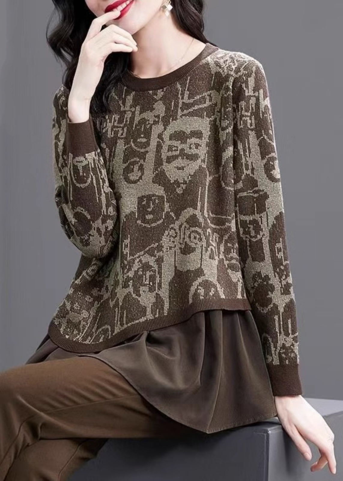 Print Fake Two Pieces Cotton Knit Sweater Winter