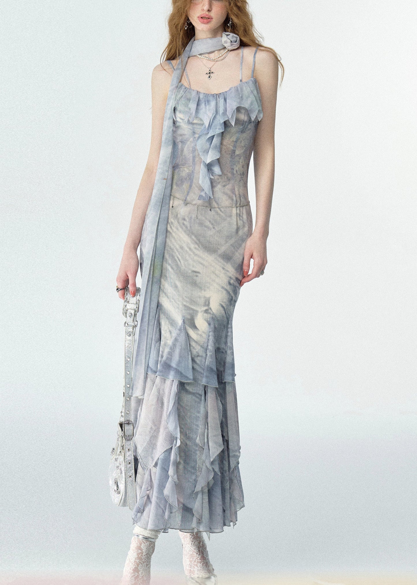 Print Ruffled Chiffon Long Spaghetti Strap Dresses Summer