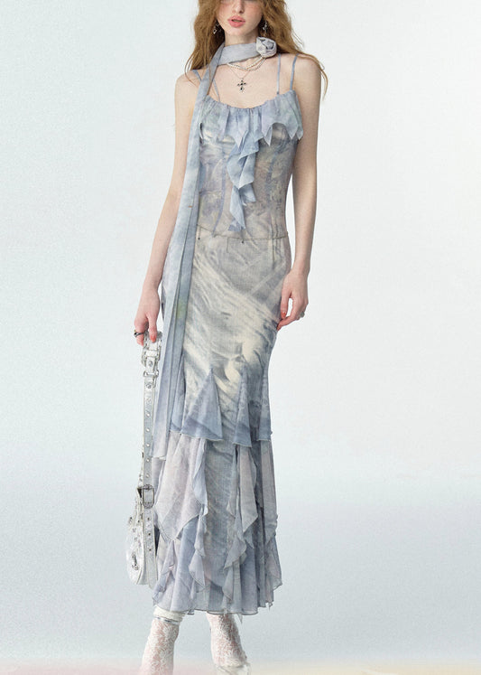 Print Ruffled Chiffon Long Spaghetti Strap Dresses Summer