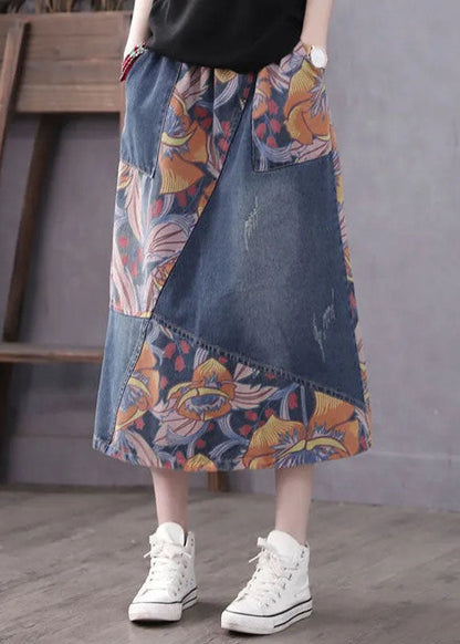 Blue Pockets Patchwork Print a Line Fall Denim Skirts