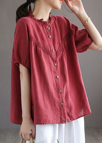 Art Red O-neck Embroideried Button Linen Shirt Lantern Sleeve
