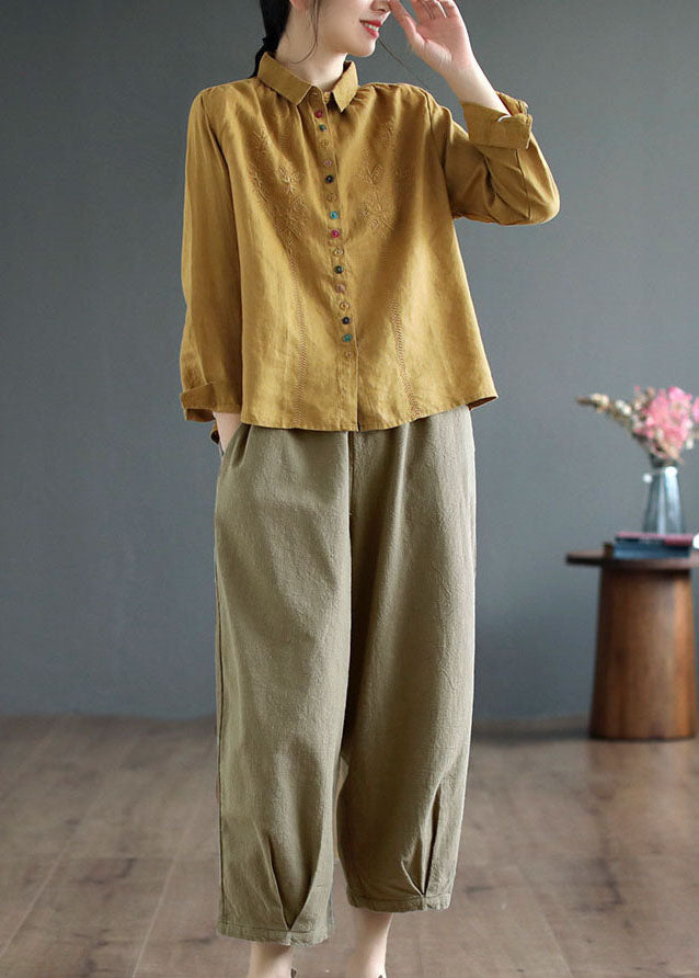 Yellow Peter Pan Collar Embroideried Linen Blouse Tops Fall