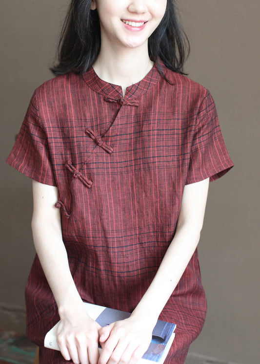 Dark Red Plaid Stand Collar Chinese Style Button Linen a Line Dresses Short Sleeve