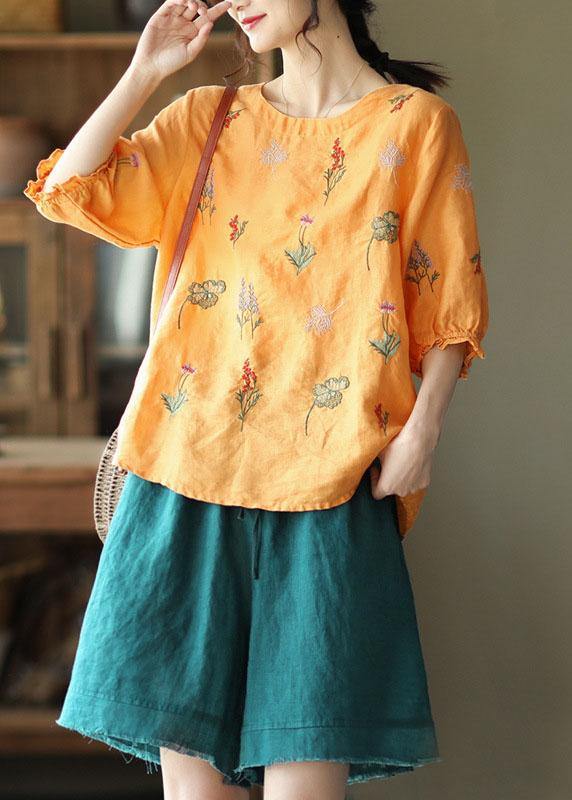 Pink O-neck Embroideried Summer Ramie Blouses Half Sleeve