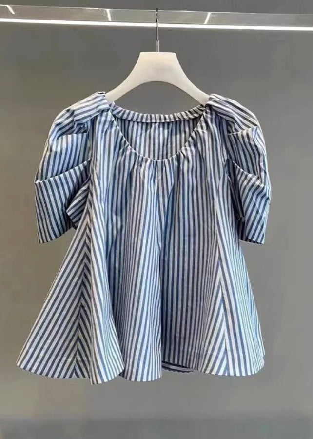 Blue Striped Cotton Shirts Puff Sleeve
