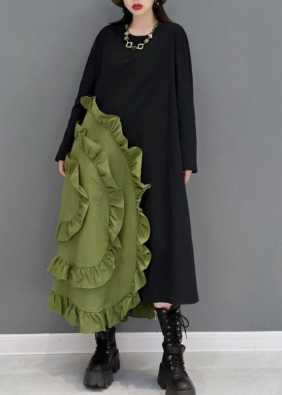 Green O-neck Ruffles Patchwork Long Dresses Long Sleeve