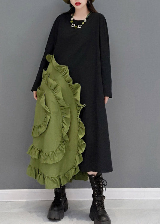 Green O-neck Ruffles Patchwork Long Dresses Long Sleeve