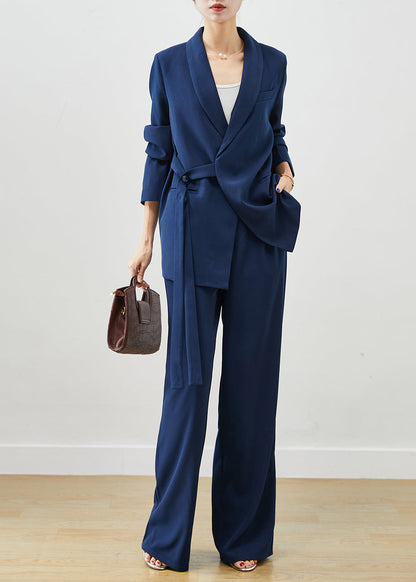 Navy Tie Waist Draping Spandex Two Pieces Set Fall