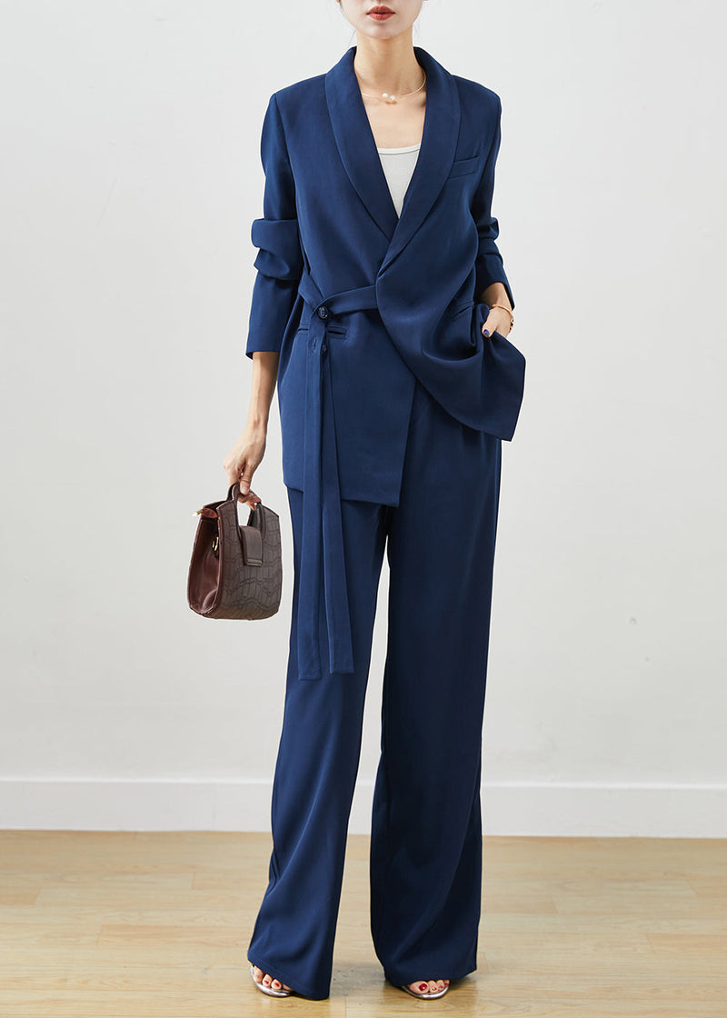 Navy Tie Waist Draping Spandex Two Pieces Set Fall
