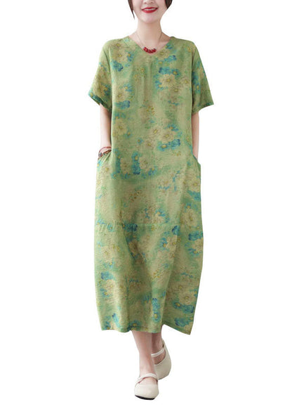 Green V Neck Print Patchwork Long Cotton Dress Summer