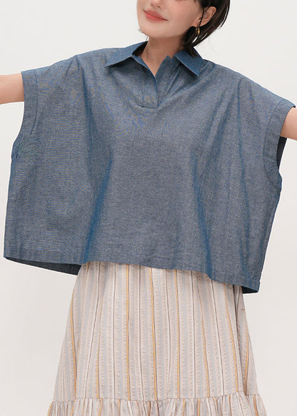 Blue Peter Pan Collar Oversized Cotton Shirts Summer