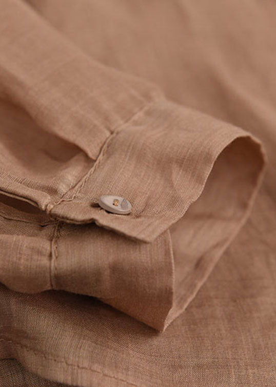 Classy Khaki Embroideried Ramie Top Long Sleeve