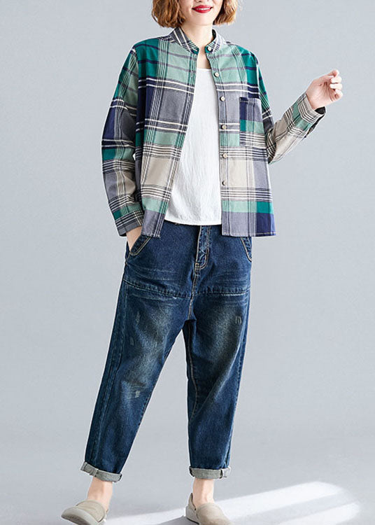 Art Green Pockets Button Patchwork Fall Plaid Long Sleeve Top