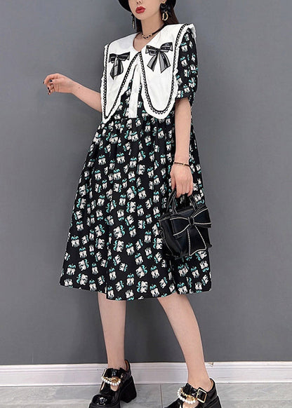 Black Peter Pan Collar Bow Print Chiffon a Line Dresses Short Sleeve