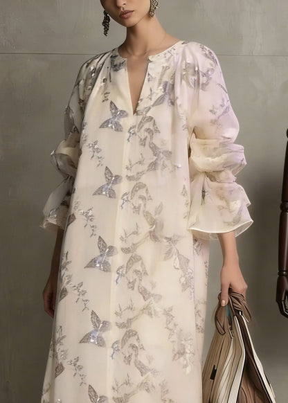 Apricot Butterfly Sequins Cotton Dress Flare Sleeve