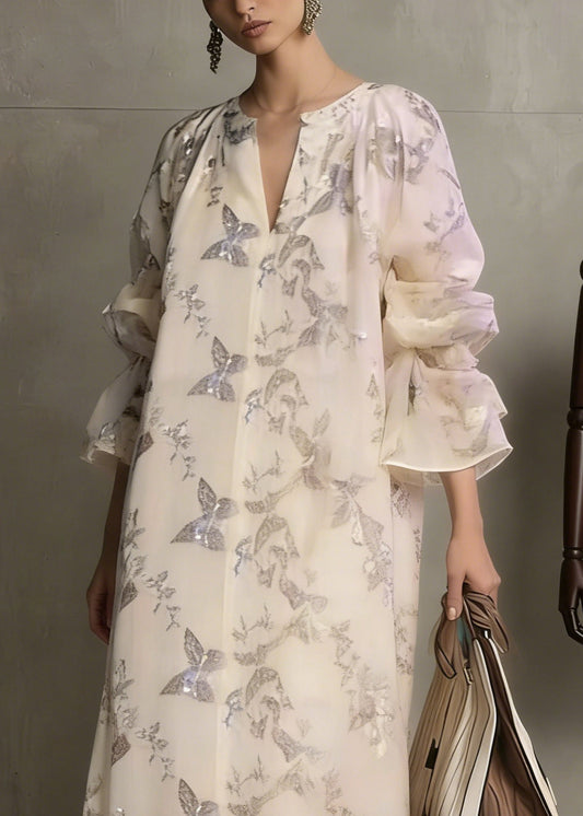 Apricot Butterfly Sequins Cotton Dress Flare Sleeve