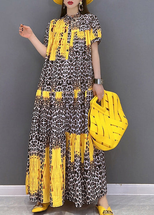 Yellow Print Patchwork Long Dress Short Sleeve