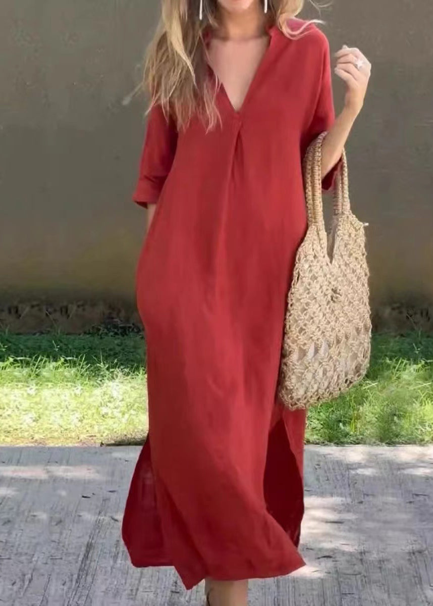 Loose Red V Neck Side Open Linen Holiday Dress Half Sleeve Summer