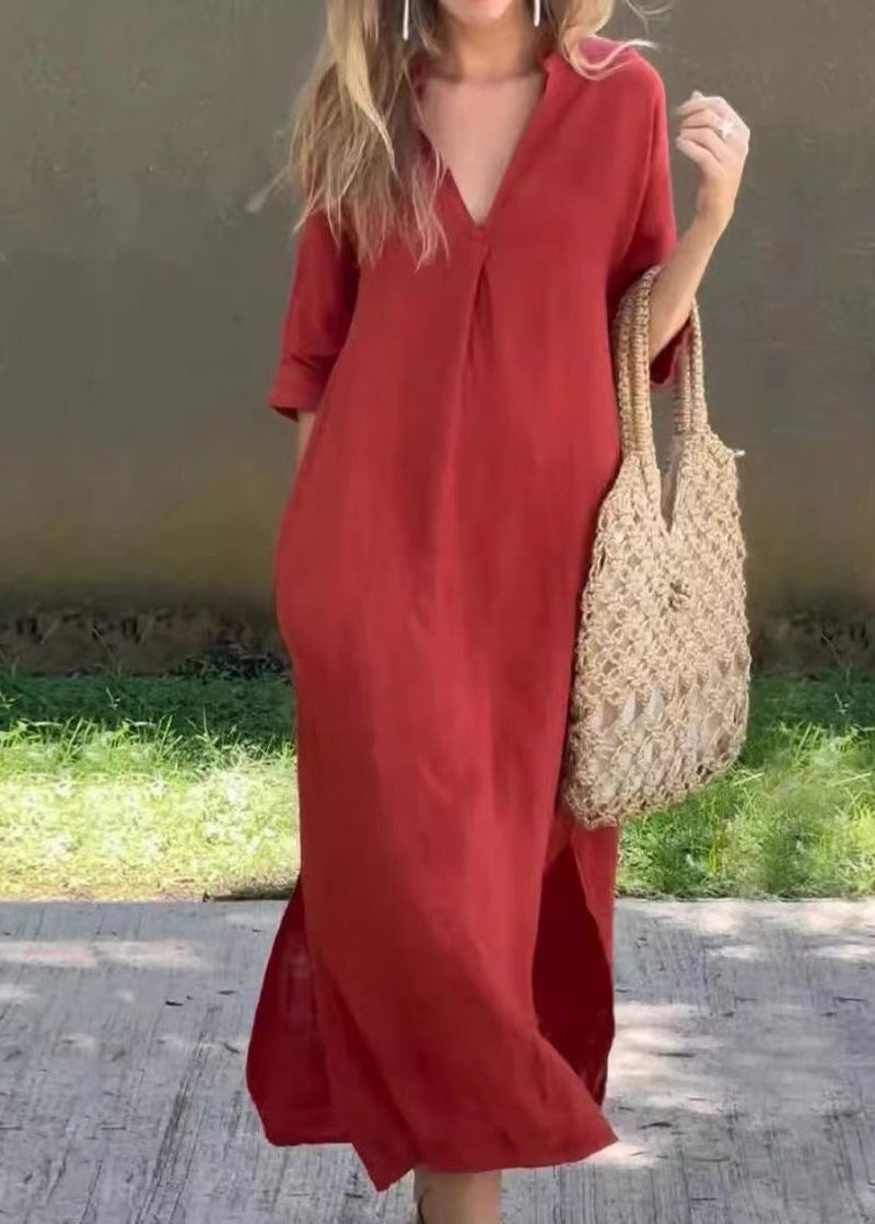 Loose Red V Neck Side Open Linen Holiday Dress Half Sleeve Summer