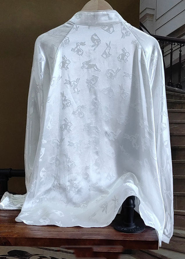 White Stand Collar Patchwork Jacquard Silk Shirts Spring