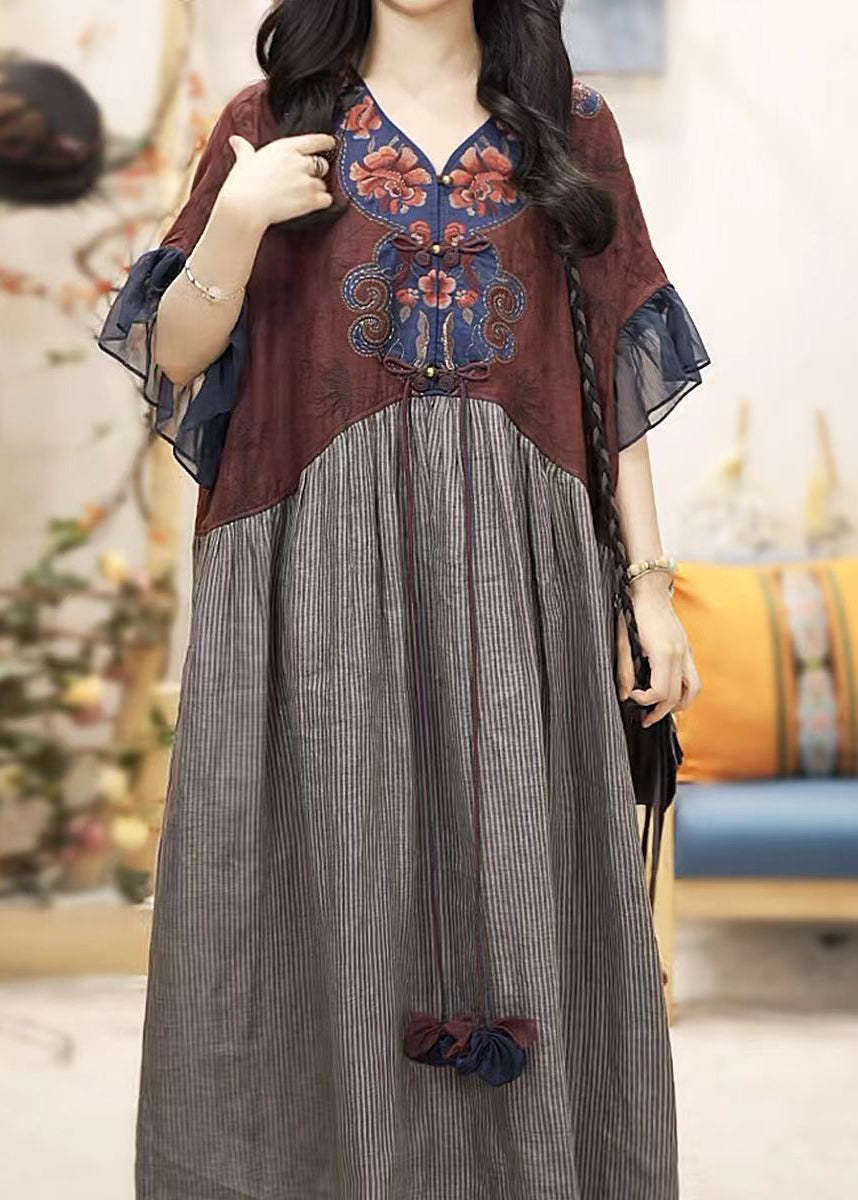 Original V-neck Embroidered Loose Cotton Blend Dress Butterfly Sleeve