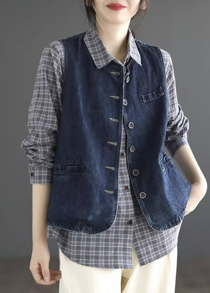 Dark Blue O-neck Pockets Denim Waistcoat Sleeveless
