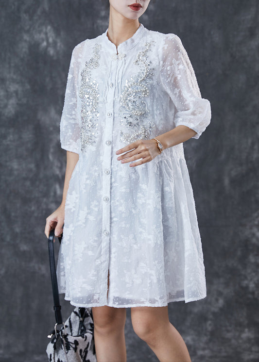 White Tasseled Nail Bead Cotton Dress Half Sleeve